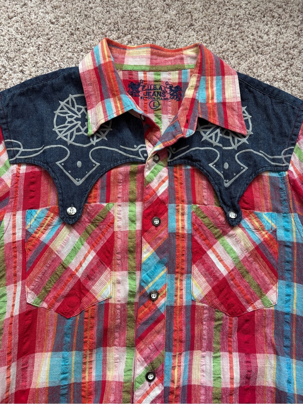 Vintage F.U.S.A.I. Jeans Western Snap Shirt Men’s L 90s Y2K Plaid Denim Rodeo - Picture 5 of 9